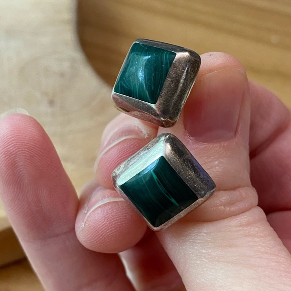 Vintage Taxco 925 silver inlaid malachite earrings - Picture 1 of 7